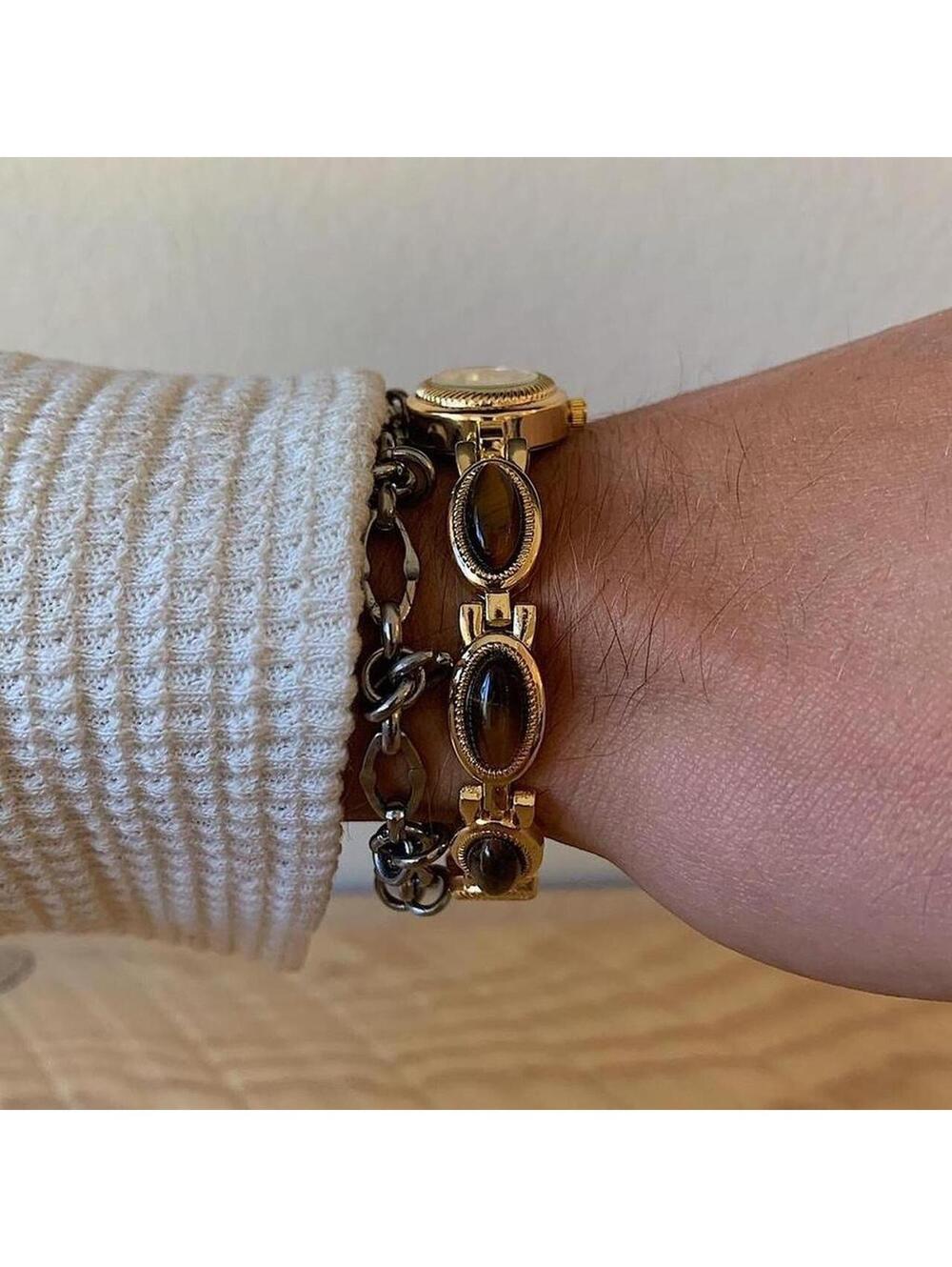 Y2k style Dainty cute Gold style tone quartz watch with brown jade stone opal - Picture 4 of 8